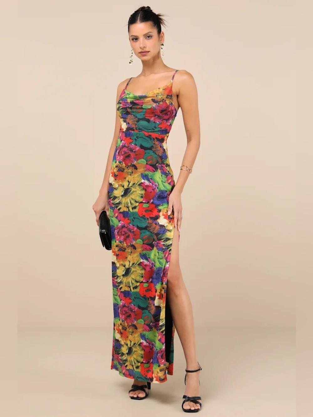 Lulu's Vibrant Floral Cowl Neck Maxi Dress in Multicolor NWOT
